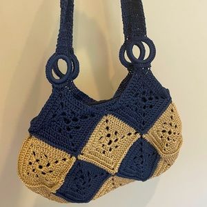 Blue & tan crochet bag - never used!